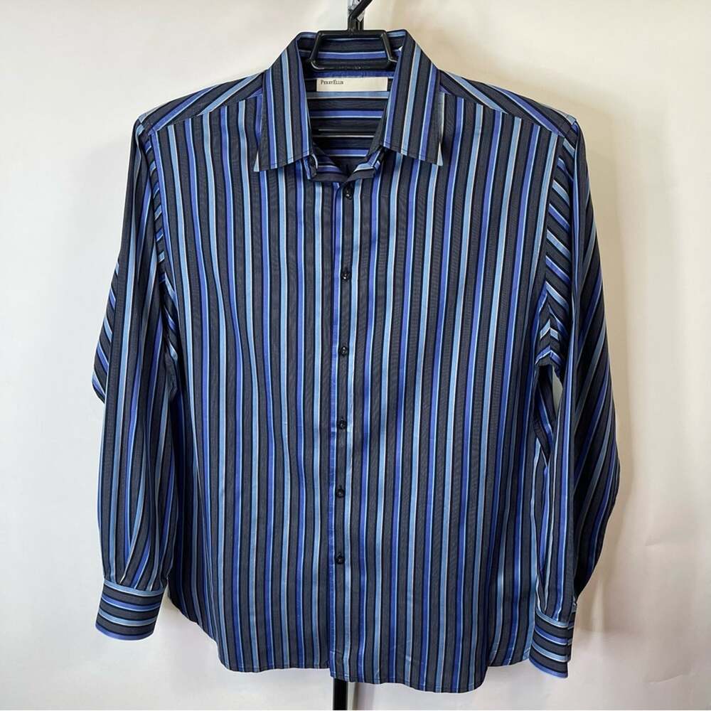 Perry Ellis Blue Grey Striped Long Sleeve Shirt Size Large Men’s